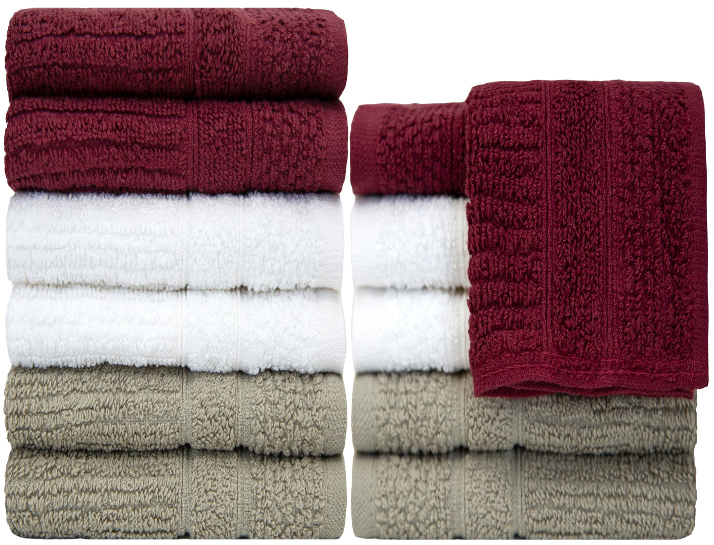 PH Pleasant Home Ribbed Wash Cloths Set - 12 Pack (12” x 12”) – 509 GSM - 100% Ring Spun Cotton Wash Cloth - Super Soft and Highly Absorbent Face Towels (Maroon, White & Tan)