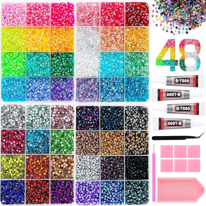 Resin Flatback Rhinestones - 32000 Pcs Multicolor Craft Kit with 4 Pcs B7000 Glue | 3mm Bedazzler Gems for Clothing, Shoes, Cups