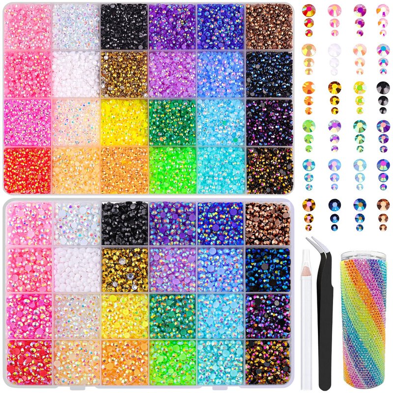 Jelly Rhinestones - 40,000 Pcs Multicolor Flatback Resin Gems for Crafting | Bedazzler Kit with Tweezers for DIY Projects