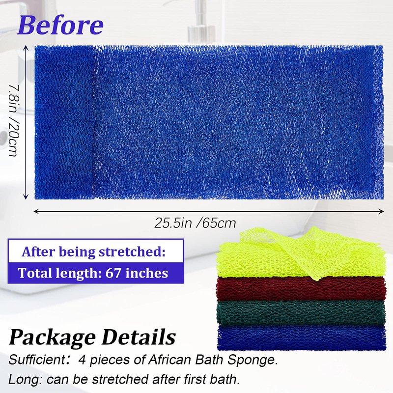 BOAO 4 Pieces African Net Sponge Exfoliating Bath Net Long Body Scrubber for Shower, Stretchy Back Wash Cloth, Deep Skin Cleansing for Men Women