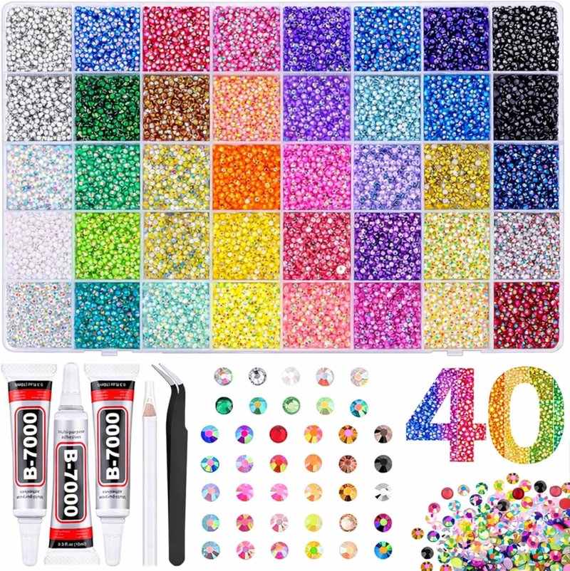 Skiennix 3mm Flatback Resin Jelly Rhinestones - 32,000 Pieces with B7000 Glue for Crafting & Nail Art
