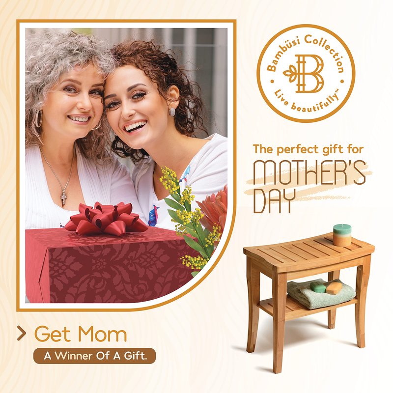 Bambüsi Bamboo Shower Bench Spa Stool - Wood 2-Tier Seat, Foot Rest Shaving Stool with Non-Slip Feet + Storage Shelf - Seat or Organizer for Bathroom, Living Room, Bedroom and Garden Décor