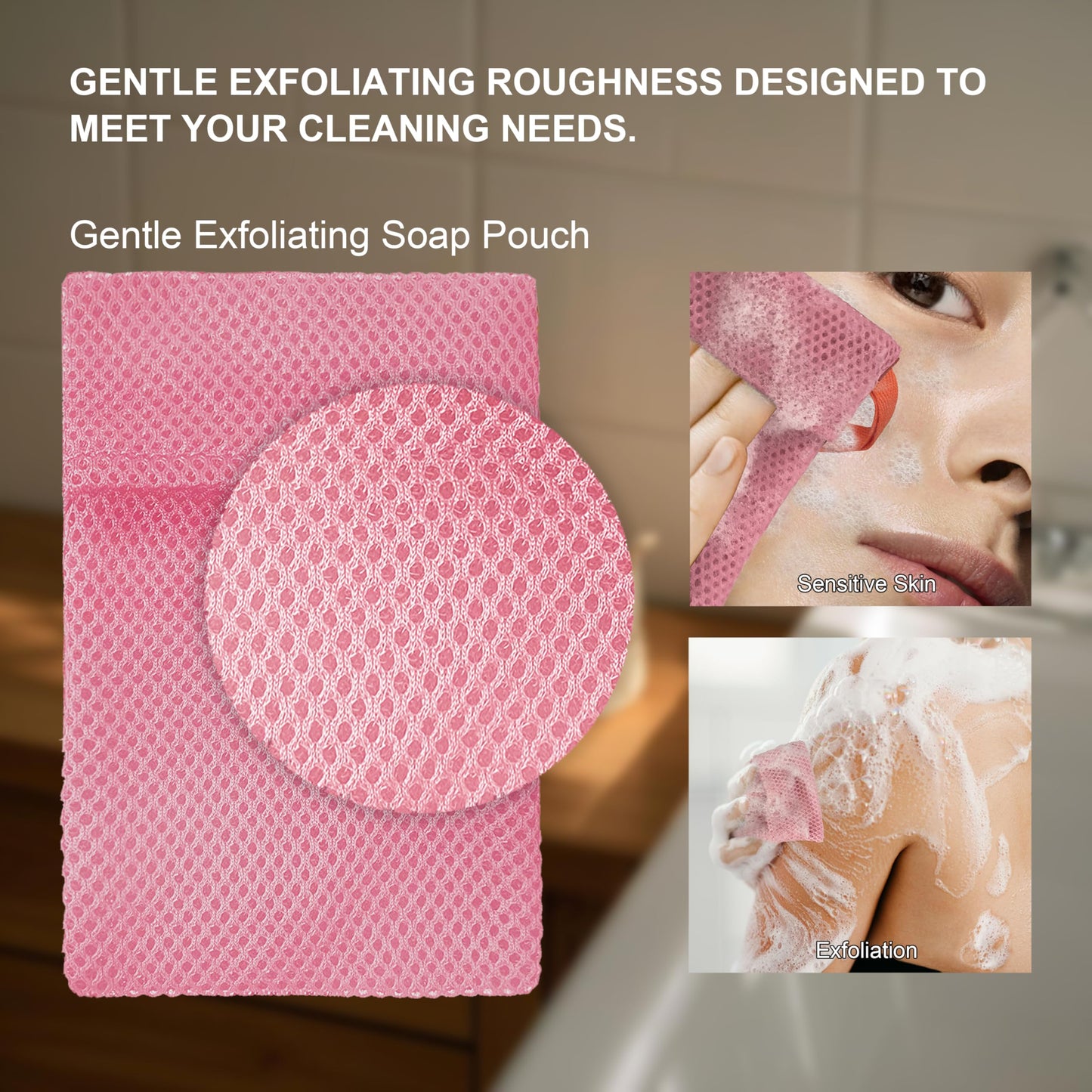 Beiskll 2 Pack Soap Bag Gentle Exfoliating,Bar Soap Pouch Saver Pocket,Body Scrubber Shower Bath Sponge Loofah (Pink)