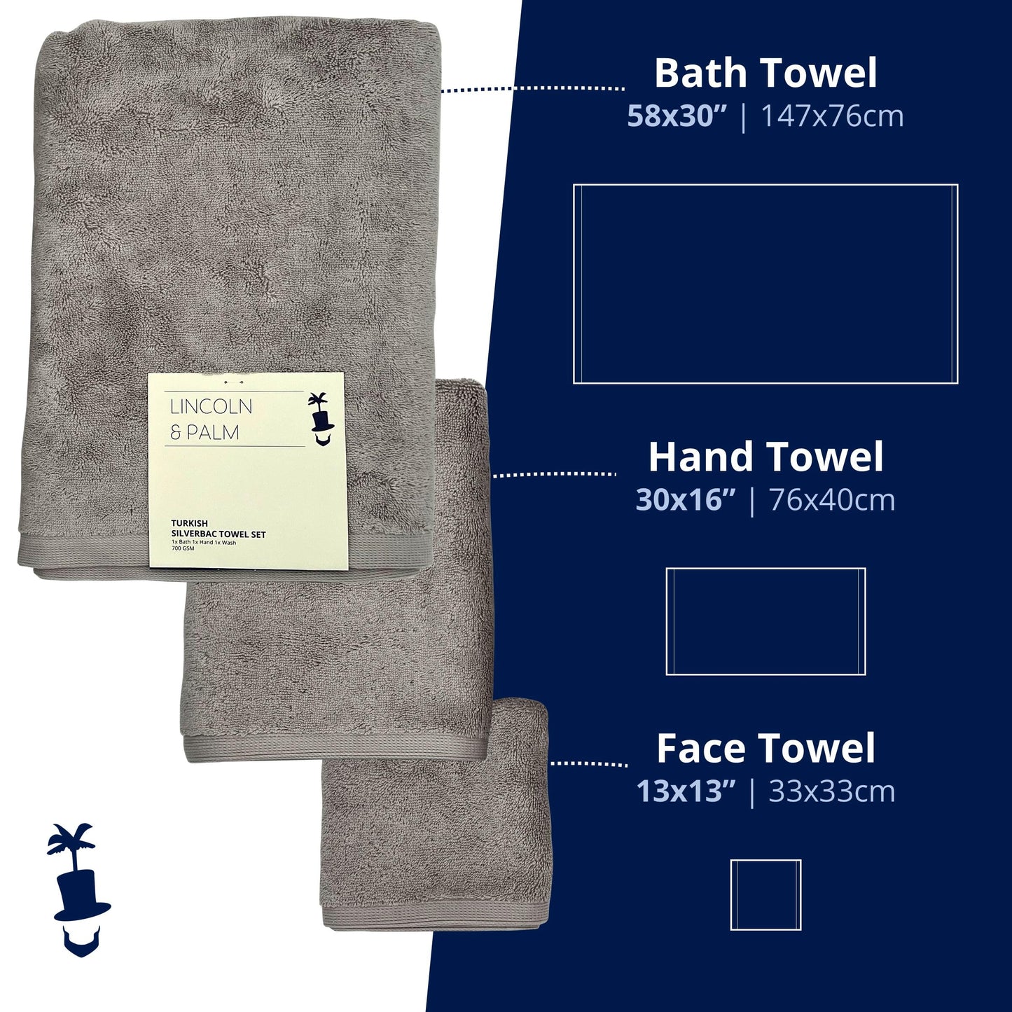 Lincoln & Palm 3 Piece Turkish Towels Set, Thick, Soft, Plush 700 GSM Spa & Hotel Quality, Silver Infused SILVERbac | Bath 58x30, Hand 30x16, Face Wash Cloth 13x13 (3 Piece Towel Set, Silver)