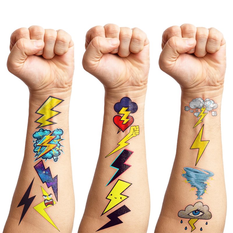 96PCS Lightning Bolt Temporary Tattoos for Kids, Pre-Cut Funny Weather Tattoo Stickers, Tornado Storm Theme Birthday Party Favors, Goodie Bag Stuffers, Cute Waterproof Body Art for Boys Girls