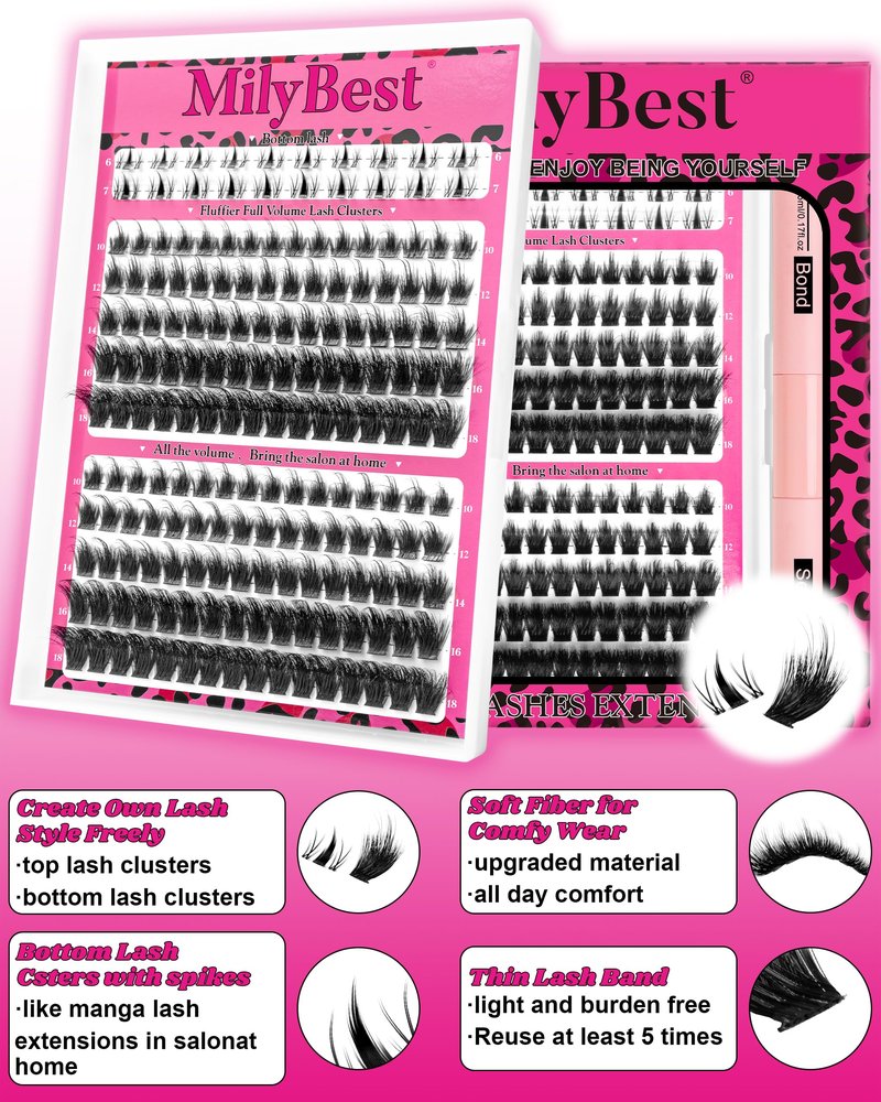 Cove Lash Clusters Kit Eyelash Clusters with Bottom Lashes 10-18mm Manga Fairy Individual Lashes Wispy Fluffy Cluster Eyelash Extensions Bond & Seal Spiky D Curl Lash Extension Kit by MilyBest