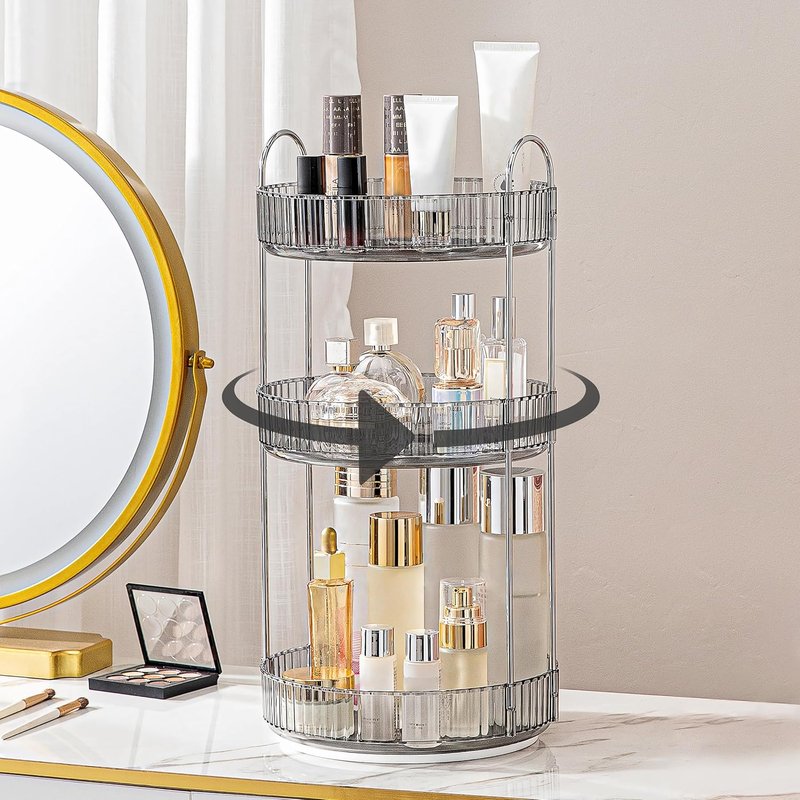 Skiennix 360 Rotating Makeup Organizer - High-Capacity Vanity & Bathroom Storage | 3-Tier Grey Rack