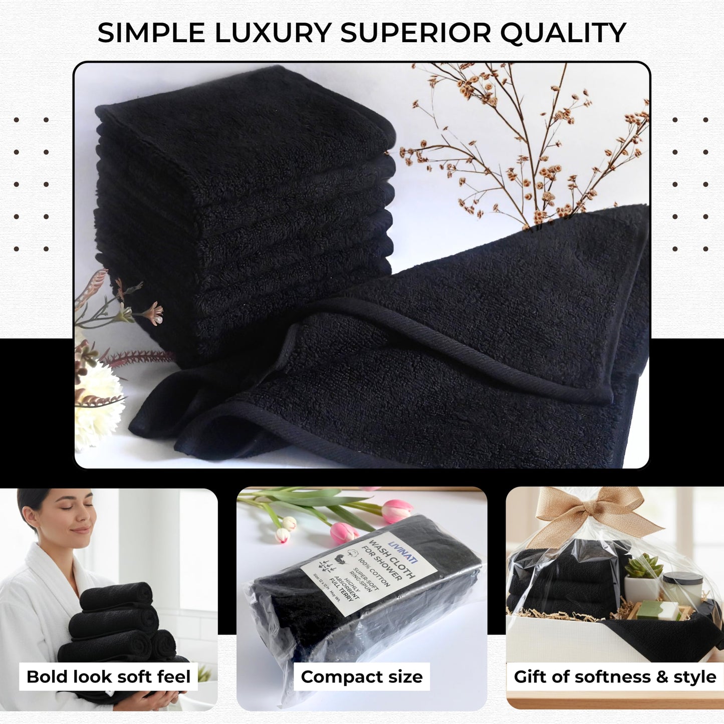 LIVINATI Thick Black 100% Cotton Wash Cloths for Showering Body and Face - 12"X12" 12 Pack Washcloths - Small Terry Towel Bath Rags for Adults and Kids Bathroom - Soft Absorbent