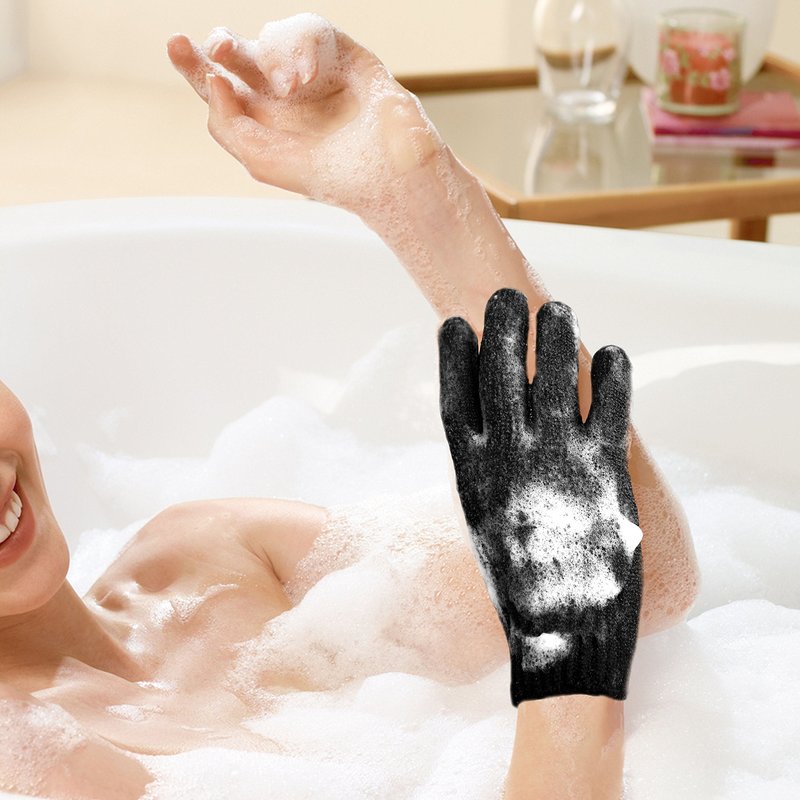 MIG4U Exfoliating Shower Gloves for Bath, Premium Nylon Body Wash Bathing Gloves for Men Women Spa, Massage and Skin Scrub, Dead Skin Remover with Hanging Loop, Black, Regular Size 1 Pair