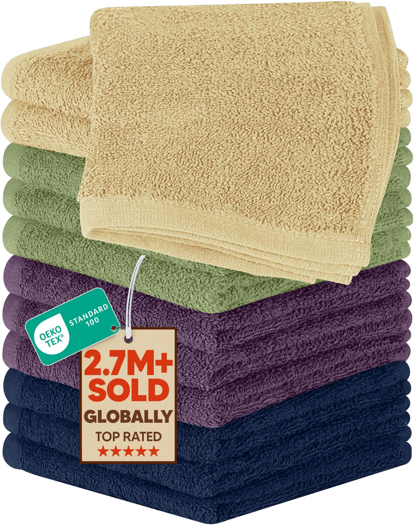 Utopia Towels 12 Pack Cotton Washcloths Set, 100% Ring Spun Cotton, Premium Flannel Face Cloths, Highly Absorbent and Soft Feel Fingertip Towels, Beige, Plum, Sage Green, Navy
