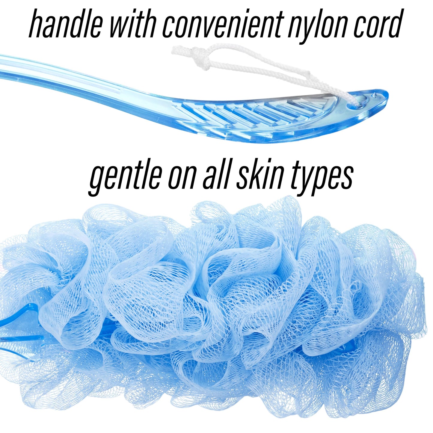 3pc Long Handle Loofah Set – Shower Scrubber Stick with Hanging Loop | Exfoliating Body Scrubber Value Pack | Deep Cleansing Bath Loofah for Smooth Skin – Women & Men – Easy