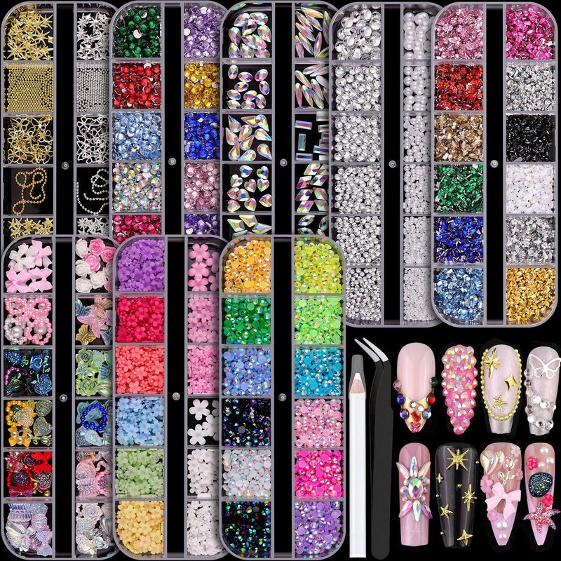 8 Boxes Nail Charms and Gems for Manicure, Flat Pearls Nail Flowers Nail Rhinestones and Charms for Nail Art, Colorful Pearl Nail Charm Nail Bows Multi Shapes Flatback Nail Design Kit Nail Accessories
