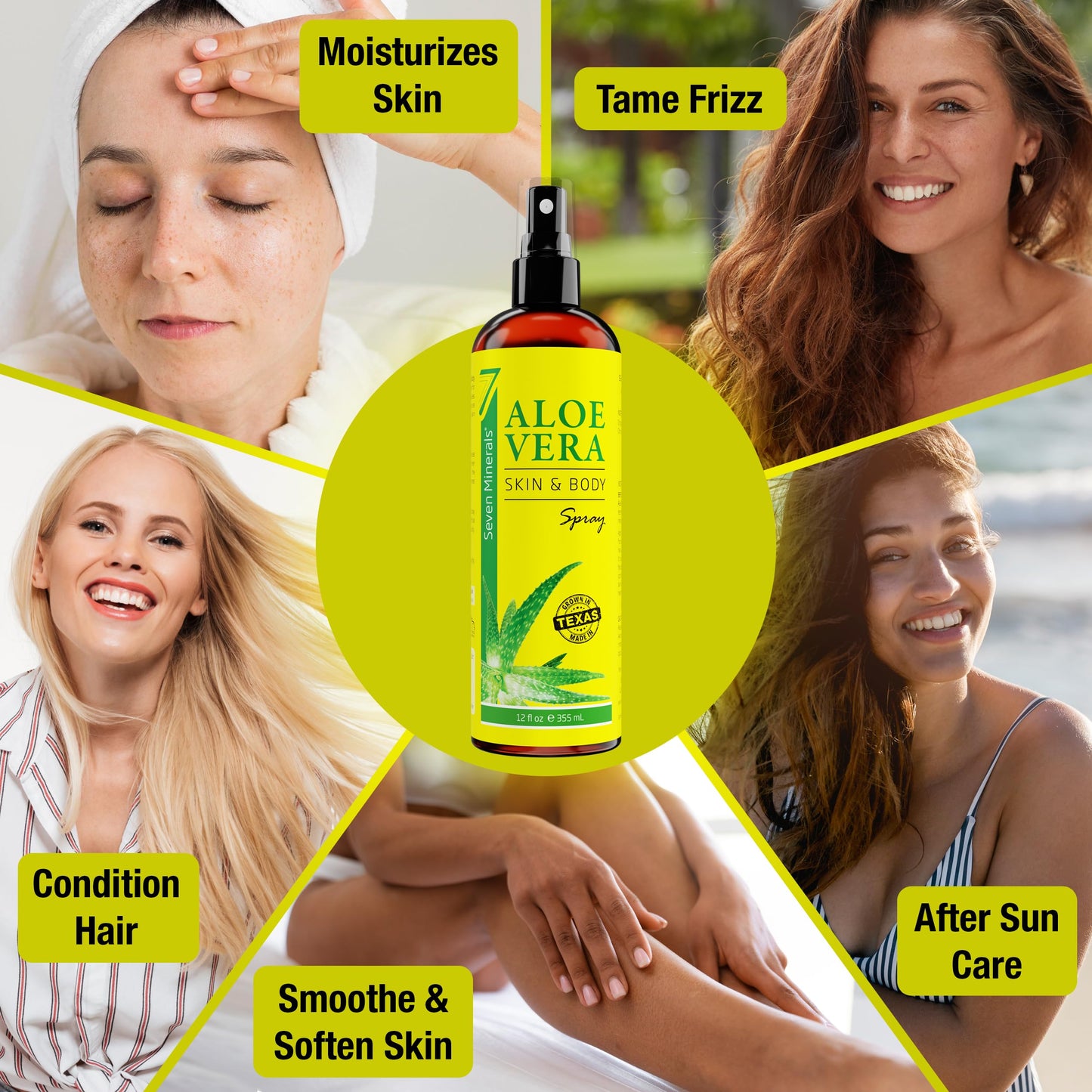 Seven Minerals, Aloe Vera Spray for Body & Hair - From Freshly Cut Organic Aloe (99%), Extra Strong, Easy to Apply, No Thickeners So It Absorbs Rapidly, No Sticky Residue - Made in USA (12 fl oz)