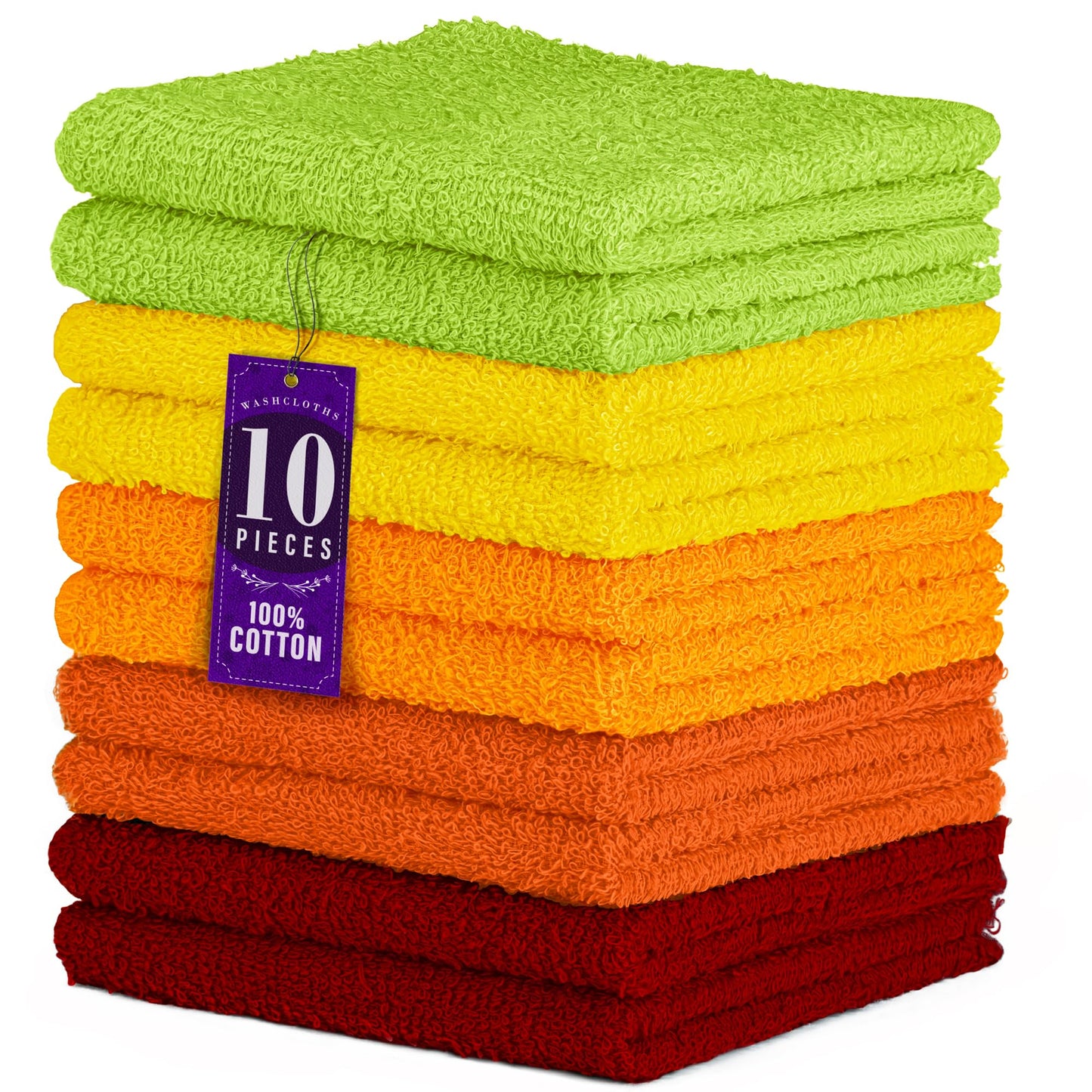 DecorRack 10 Pack 100% Cotton Wash Cloth, Luxurious Soft, 12 x 12 inch Ultra Absorbent, Machine Washable Washcloths, Assorted Set 2 (10 Pack)