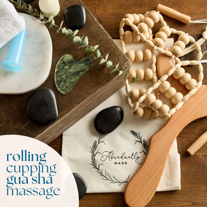 Abundantly Made Co. 7-Piece Lymphatic Drainage Massage Kit | Dry Brush, Wooden Paddle, Rope Roller, Jade Gua Sha, Silicone Cup, Linen Bag & E-Book | Wood Therapy, Maderoterapia & Body Sculpting Tools