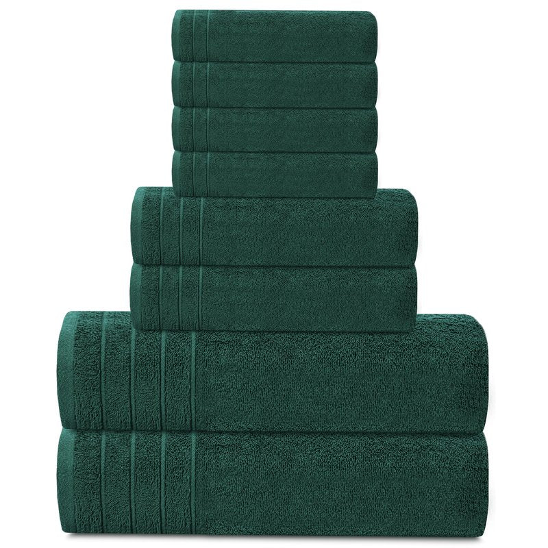 Tens Towels Pack of 8 Towels Set, 2 Extra Large Bath, 2 Hand, 4 Washcloths, 100% Cotton, Lighter Weight, Quicker to Dry, Super Absorbent, Perfect for Bathroom, Hunter Green