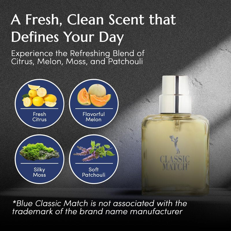 PB ParfumsBelcam Blue Classic Match Eau de Toilette Spray for Men – Modern Citrus Fougere Fragrance, Notes of Melon, Moss and Patchouli, Cologne Alternative, Signature Fragrance – 2.54 Fl Oz