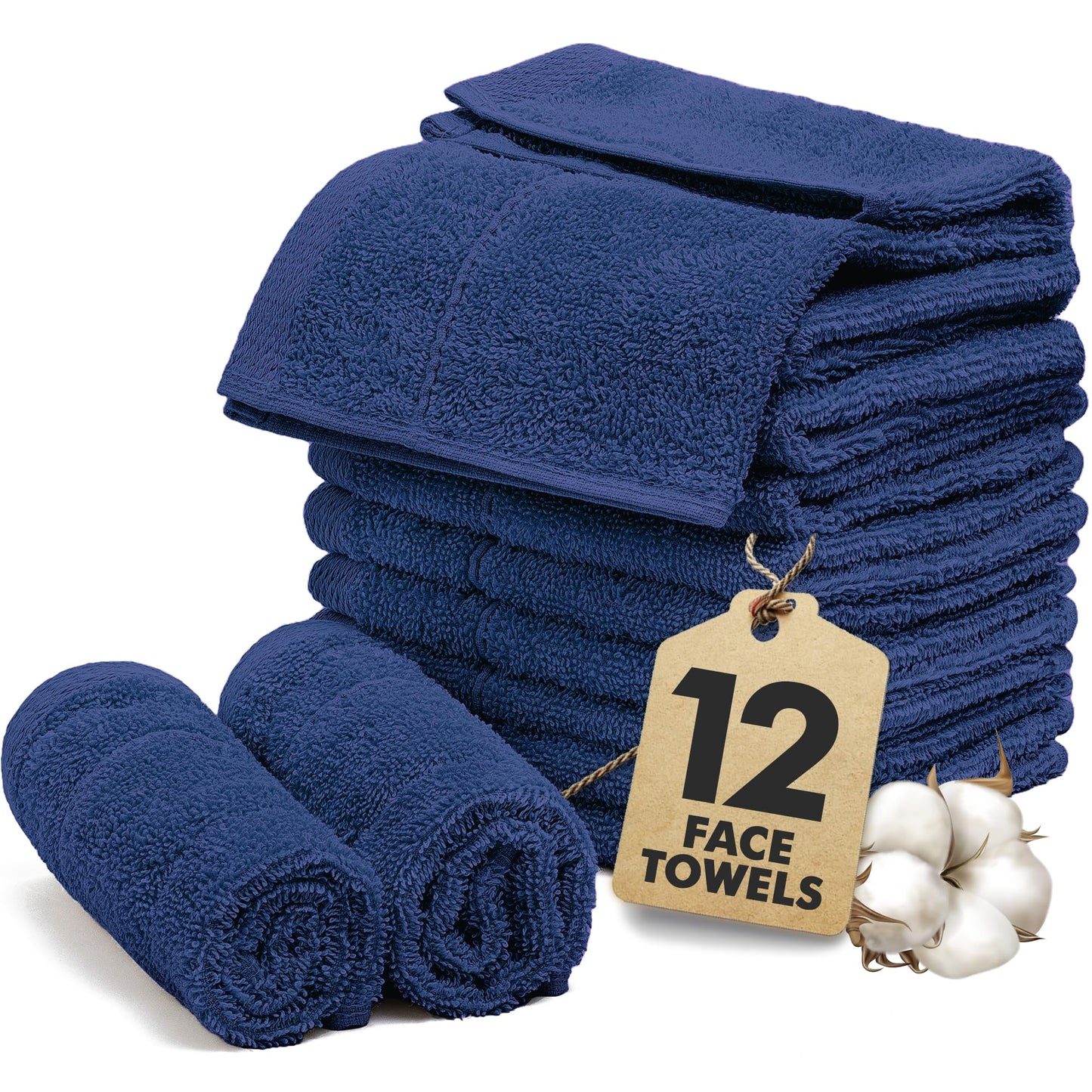 Novo Home Face Towels Pack of 12 – 100% Cotton Wash Cloths (12x12 inch) – Soft, Quick Dry & Highly Absorbent Hand Towels for Bathroom, Spa, Gym, Kitchen and for Daily Use - (Royal Blue)
