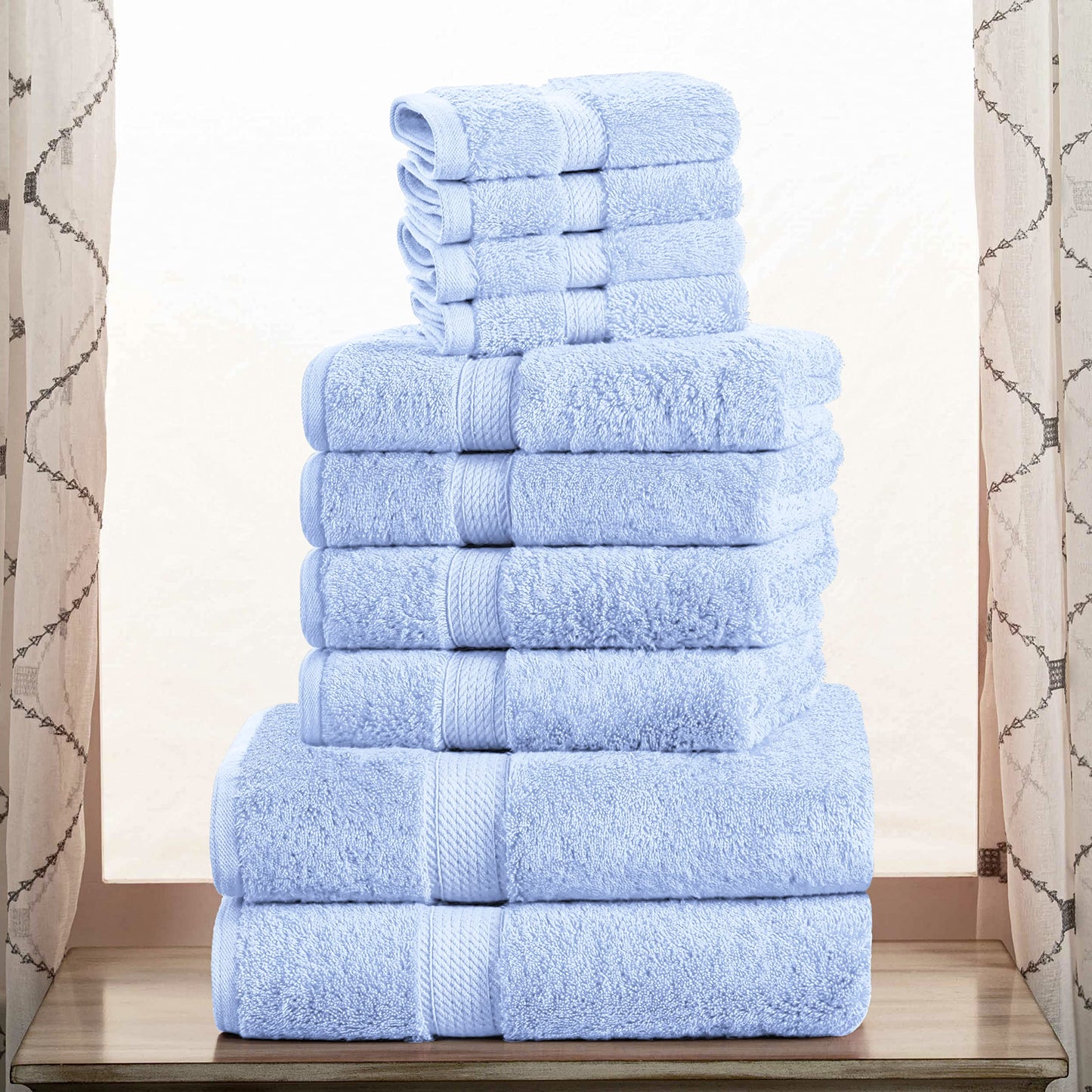 SUPERIOR Egyptian Cotton Pile 8 Piece Towel Set, Includes 2 Bath, 2 Hand, 4 Face Towels/Washcloths, Ultra Soft Luxury Towels, Thick Plush Essentials, Guest Bath, Spa, Hotel Bathroom, Light Blue