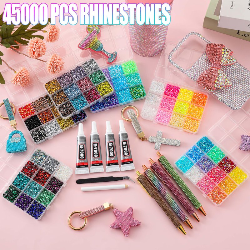 LERBOU 45000pcs Bedazzling Kit with 6 Box - 72 Colors Resin Jelly Rhinestones, 4×10ml B7000 Jewelry Glue Multicolor 3mm Flatback Sparkling Gems for Nail Art, Crafts, Clothing, Diamond Painting