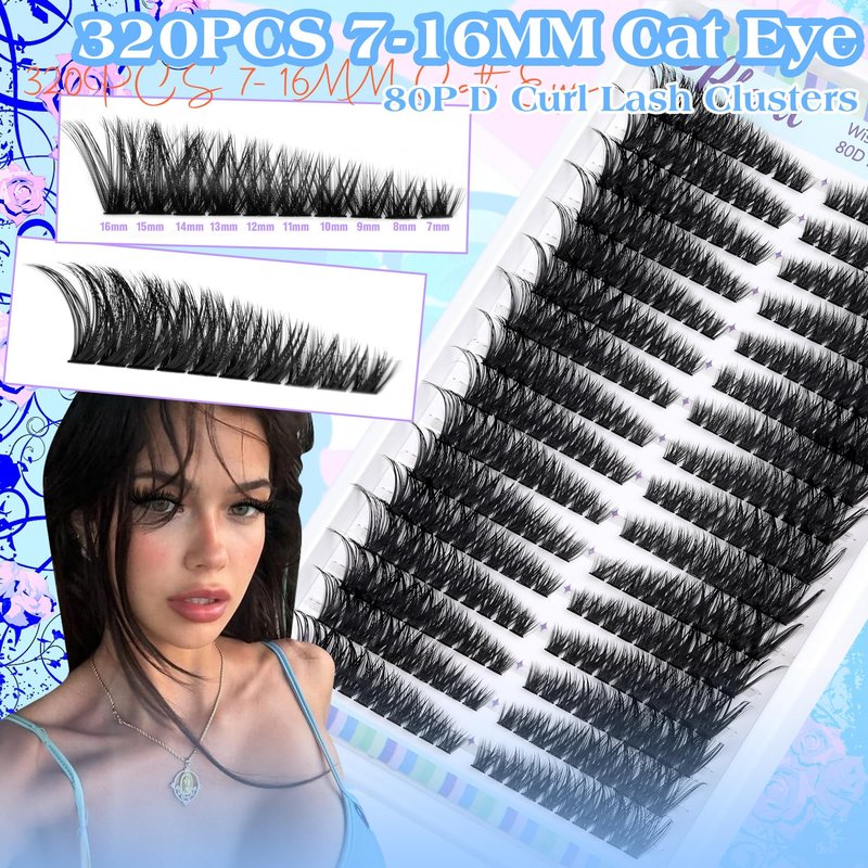 Lash Clusters 320 Pcs Individual Lashes Clusters 7-16 MM Cat Eye Wispy Eyelash Clusters D Curve 80D Cluster Eyelash Extensions Easy DIY Lash Extension at Home