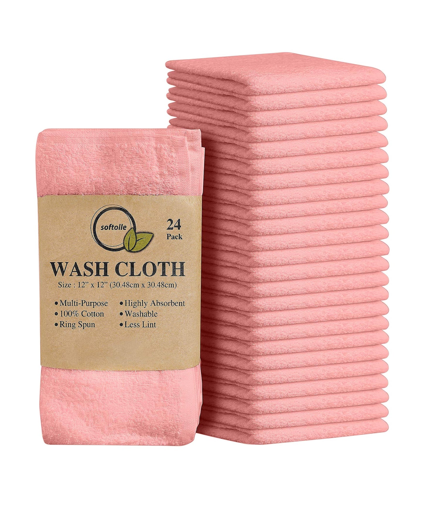 Softolle 100% Cotton Washcloths 24 Pack (12x12 Inches) Soft, Highly Absorbent Washcloth, Face Towels, Wash Cloths for Face, Ring Spun, Bulk Pack (Pink)