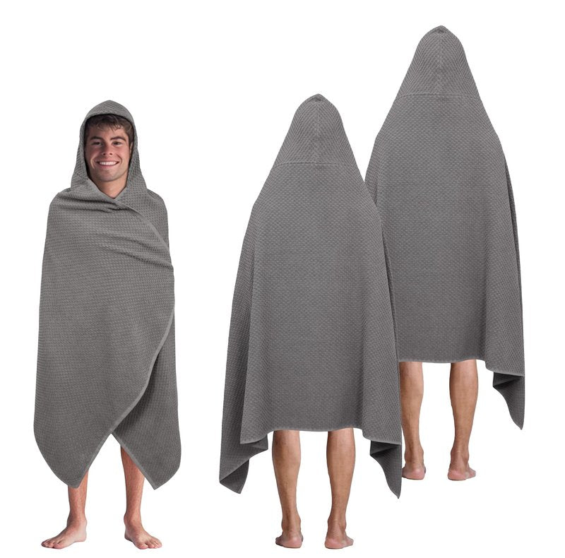 COTTON CRAFT Hooded Bath Towel – 2 Pack Oversized 35x70 Waffle Weave Towel with Hood for Adults - 100% Ringspun Cotton Pool Bath Sheet Wrap with Hood - Soft Super Absorbent Quick Dry – 450 GSM – Grey