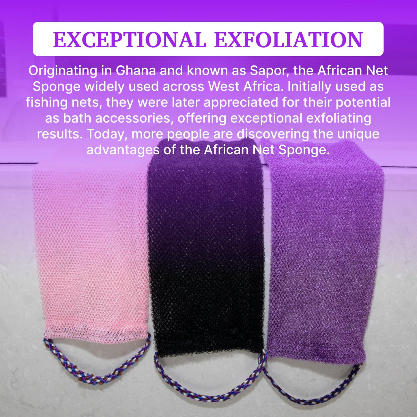 MOTHER AFRICA African Net Sponge With Handles Black Owned 3 Pack African Exfoliating Bath Sponge for Shower Washcloth Loofah Knots Gentle Deep Cleansing Back Authentic Scrubber Face & Body Men & Women