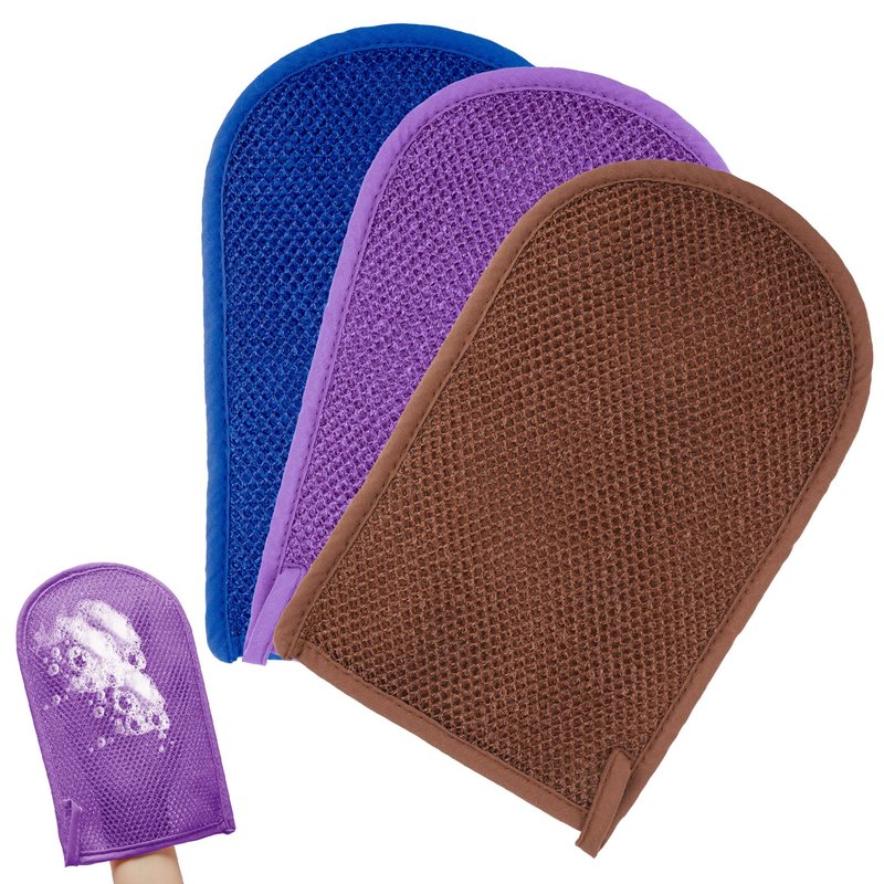 ReignSword 3 Pack African Net Sponge Exfoliating Glove, Deep Cleaning Bath Sponge Body Scrubber for Dead Skin, Exfoliating Shower Gloves for Men and Women (Blue, Purple, Brown)