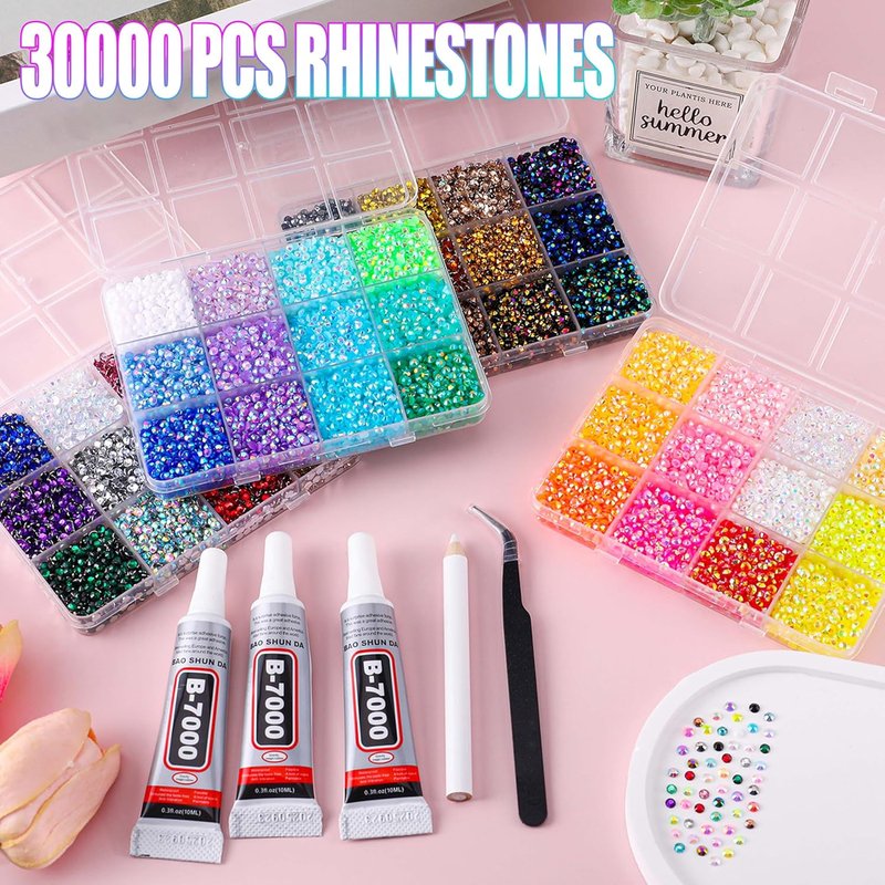 Rhinestones 30000 Pcs - 48 Color Flatback Gems for Nail Art & Crafting | 3mm with B7000 Glue & Tweezers