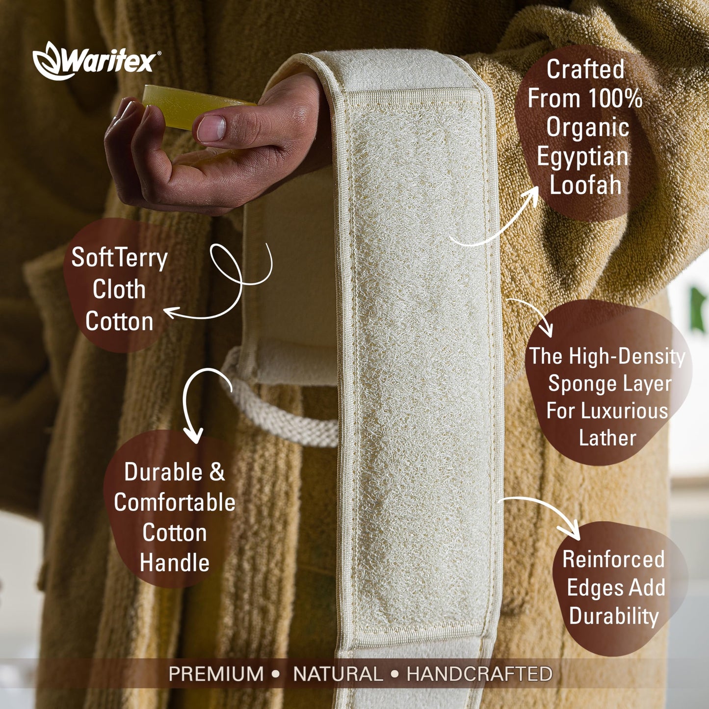 Waritex Organic Egyptian Loofah Rectangular Exfoliating Body Scrubbers - Natural Loofah Fiber Bath Pads with Hand Strap for Gentle Skin Exfoliation, Deep Clean, Shower Use for Men and Women