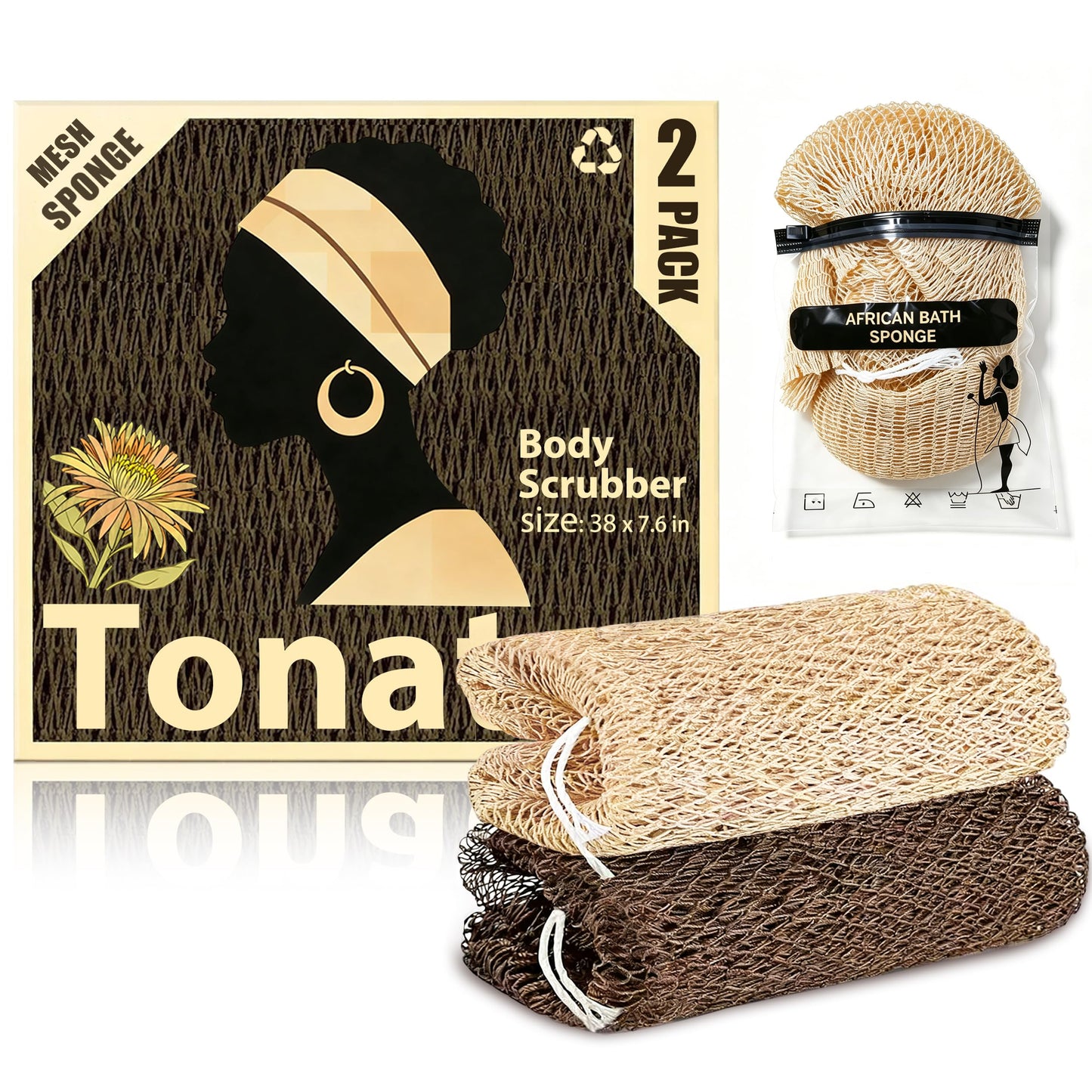 Tonater Body Scrubber 2 Pack, Authentic African Exfoliating Net Sponge Bath Shower Loofah, Up to 47.2" Stretched Nylon Scrubber for Sensitive Skin, Travel Portable Spa Gifts-Light Beige + Dark Brown