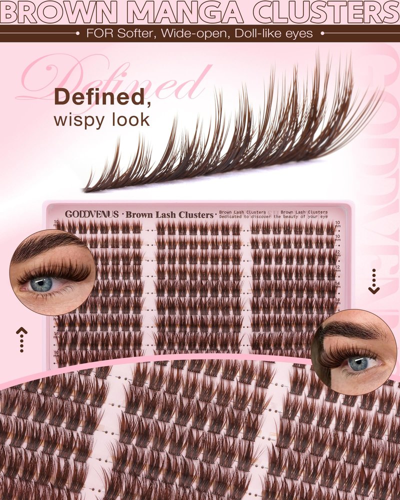 Goddvenus Brown Wispy Lash Clusters Manga Eyelashes Clusters Natural Cluster Eyelash Extensions Fairy DIY Lash Extension Anime C Curl Waterproof Individual Eye Lashes