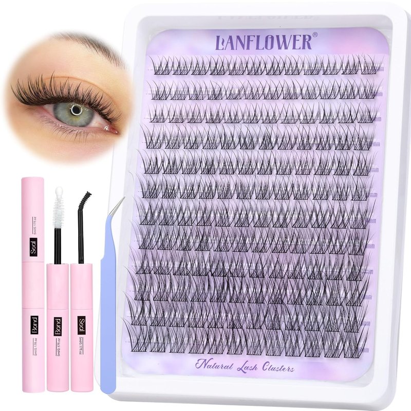 Lanflower Natural Lash Clusters Kit - Waterproof Wispy Eyelash Extensions | 144pcs, 10-16mm Sizes