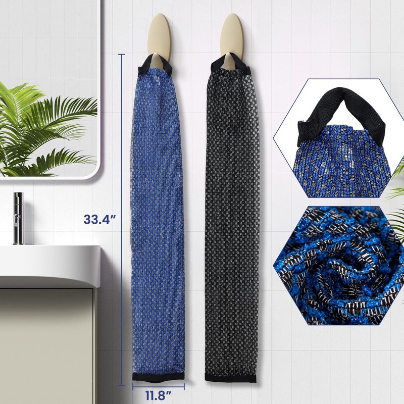 Japanese-style exfoliating bath towel and towel set (2 pieces) - loofah, durable and quick-drying, extra-long design, skin-friendly material, mesh design, suitable for all skin types - 1 blue, 1 black