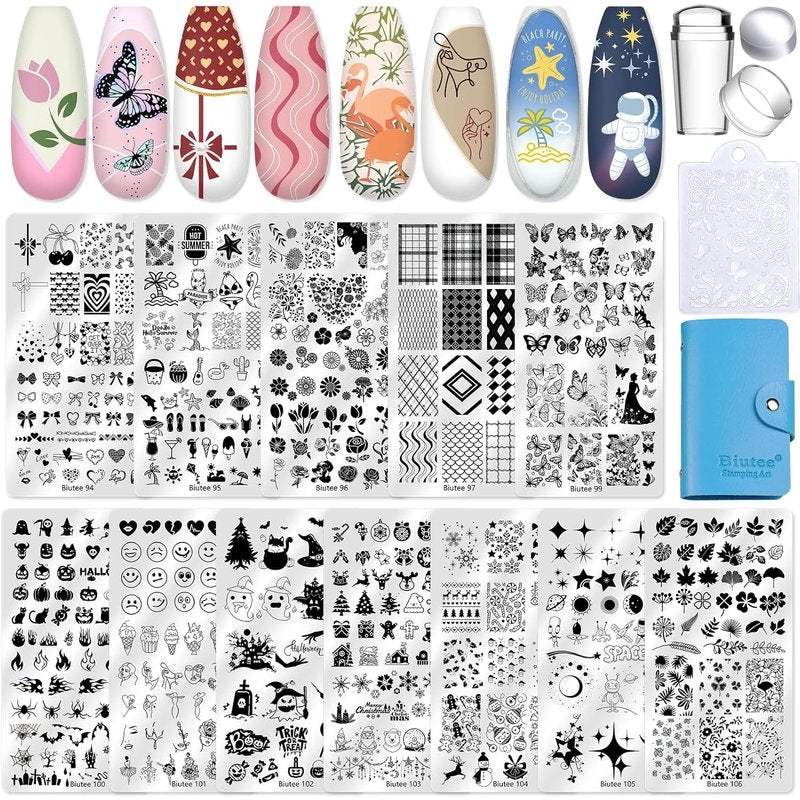 Biutee Nail Stamping Kit - 16 Pcs Nail Art Plates with Silicone Stamper & Scraper | Holiday Designs