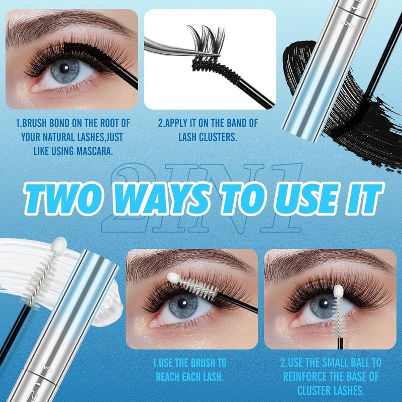 Long Lasting Lash Cluster Glue, Waterproof 72h Super Hold Lash Bond and Seal, Latex-Free & Non Irritating Black Eyelash Glue for Lash Cluster Strips