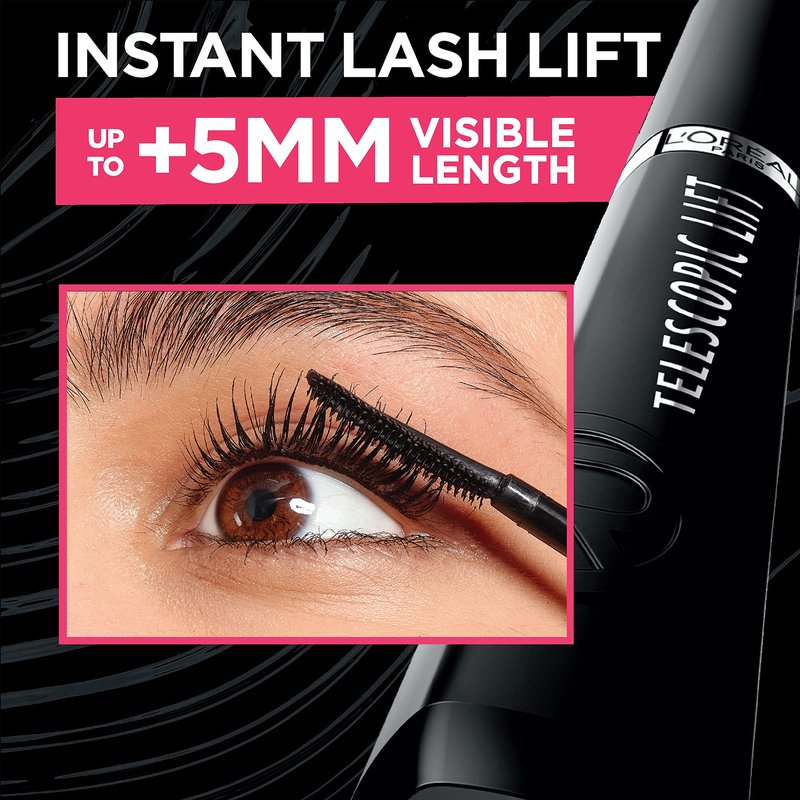 L'Oreal Paris Telescopic Lift Mascara, Lengthening and Volumizing Eye Makeup, Lash Lift with Up to 36HR Wear, Washable, Black Brown, 0.33 Fl Oz