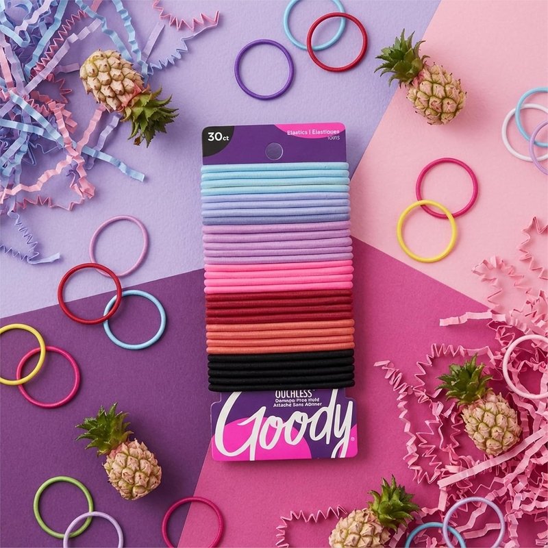 Goody Ouchless Hair Elastics - Tangle-Free Hold for Thick & Curly Hair | 30 Count Rainbow Ponytail Holders