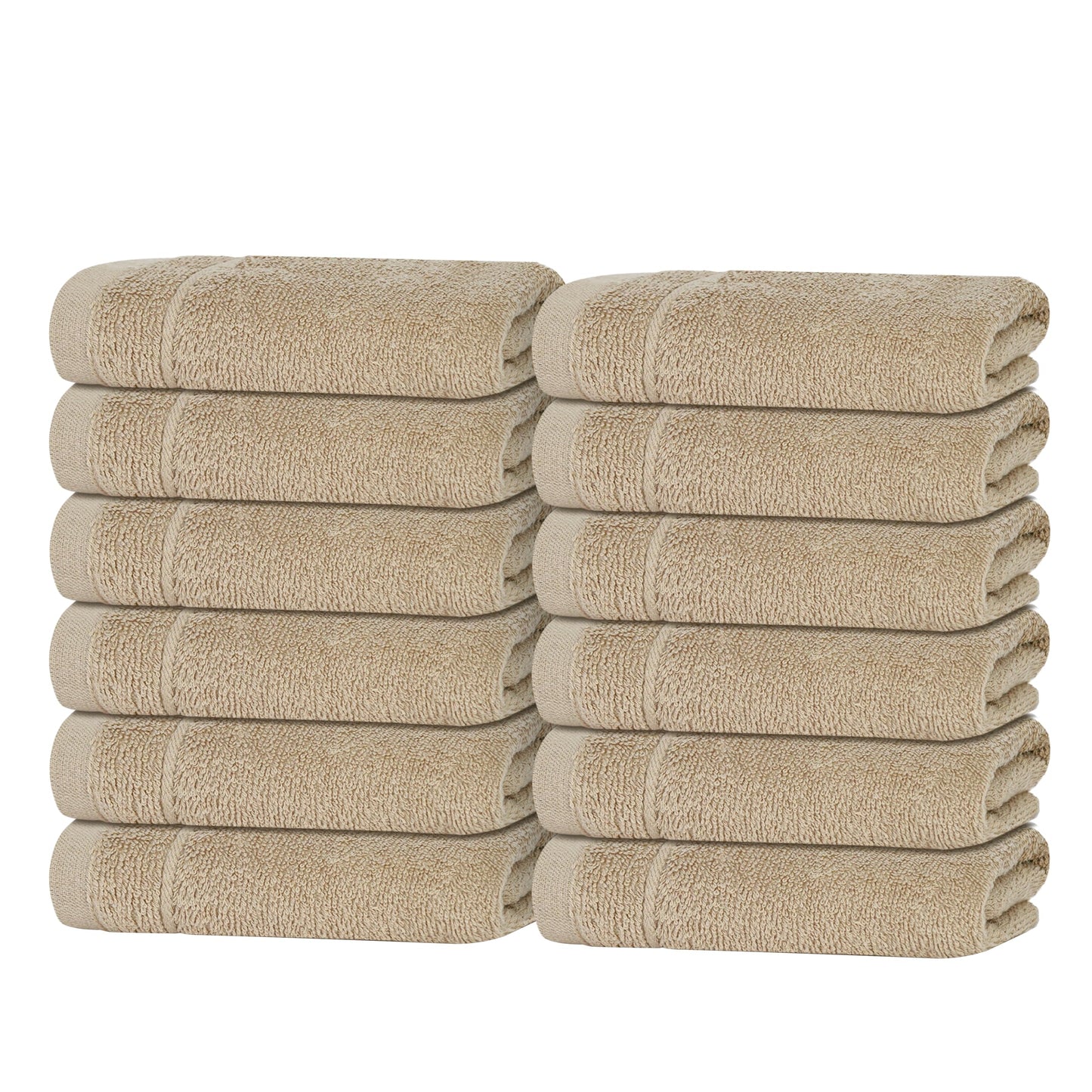 Tens Towels Pack of 60 Washcloths, 12 x 12 Inches, Lighter Weight, Quick to Dry, Super Soft & Absorbent, Gentle Face Towels, Hotel Quality, Perfect for Bathroom, Gym, Spa (Beige, 60 Pack)