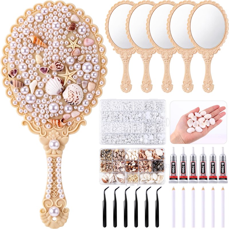 Chumia 6 Set Mermaid Hand Mirror Crafts Kit Creative DIY with Shells Flatback Half-Pearls Starfish and Tools Decorate Your Own Mirror Party Favor for Women Bride Mermaid Birthday Wedding Gift