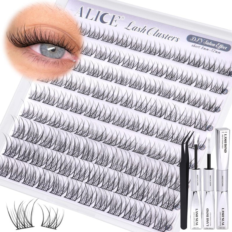 ALICE Short Lash Clusters Kit Natural Wispy Eyelash Clusters Kit 8-12mm Thin Band Cluster Eyelash Extension Kit for No Makeup Makeup Cleangirl Aesthetic
