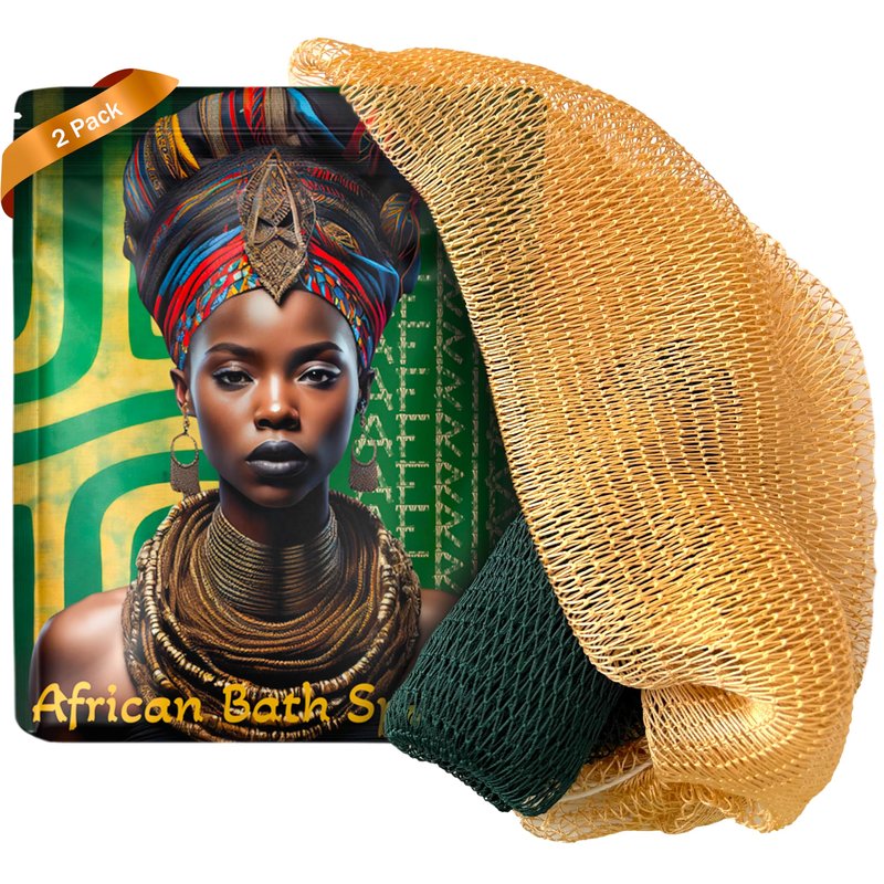 African Net Sponge, Premium Authentic Exfoliating Body Scrubber, Extra Long Stretch Bath Sponge for Shower, Deep Exfoliating Washcloth for Smooth Skin, 2 Pack (Dark Green & Champagne Gold)