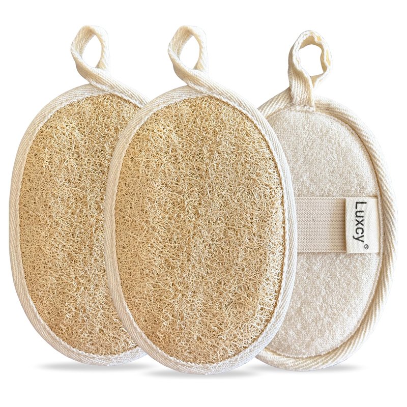 Luxcy Natural Loofah Body Scrubber – Egyptian Shower Sponge for Women & Men, 100% Plant-Based Luffa, Gentle Exfoliating Pads for Bath or Shower, (3 Pack)
