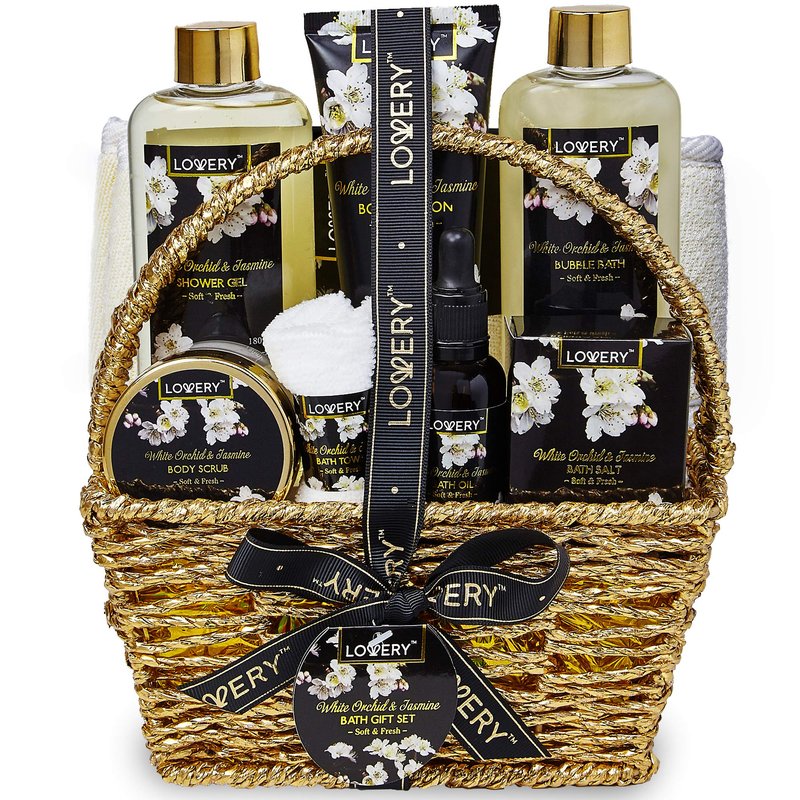 Mothers Day Gift Basket for Mom, Bath and Body Gift Basket for Women and Men – Orchid & Jasmine Home Spa Set With Body Scrubs, Lotions, Oils, Gels and More - Care Package for Women & Men - 9 Piece Set