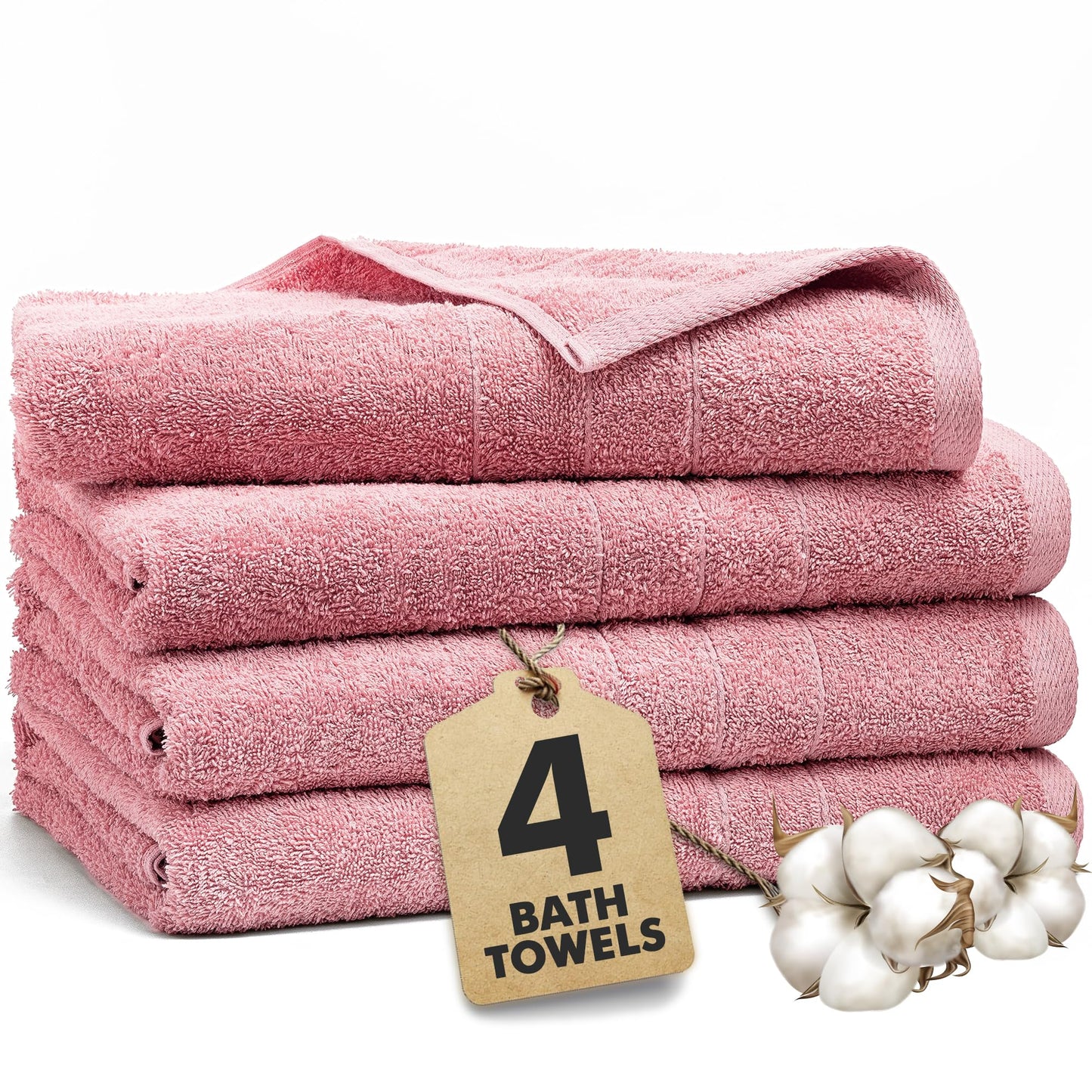 Novo Home Bath Towels Set of 4 – 100% Ring Spun Cotton Baby Pink Extra Large Towels for Bathroom, Spa Use (55x28 in) – 550 GSM Super Soft and Quick Dry Large Bath Sheets for Adults