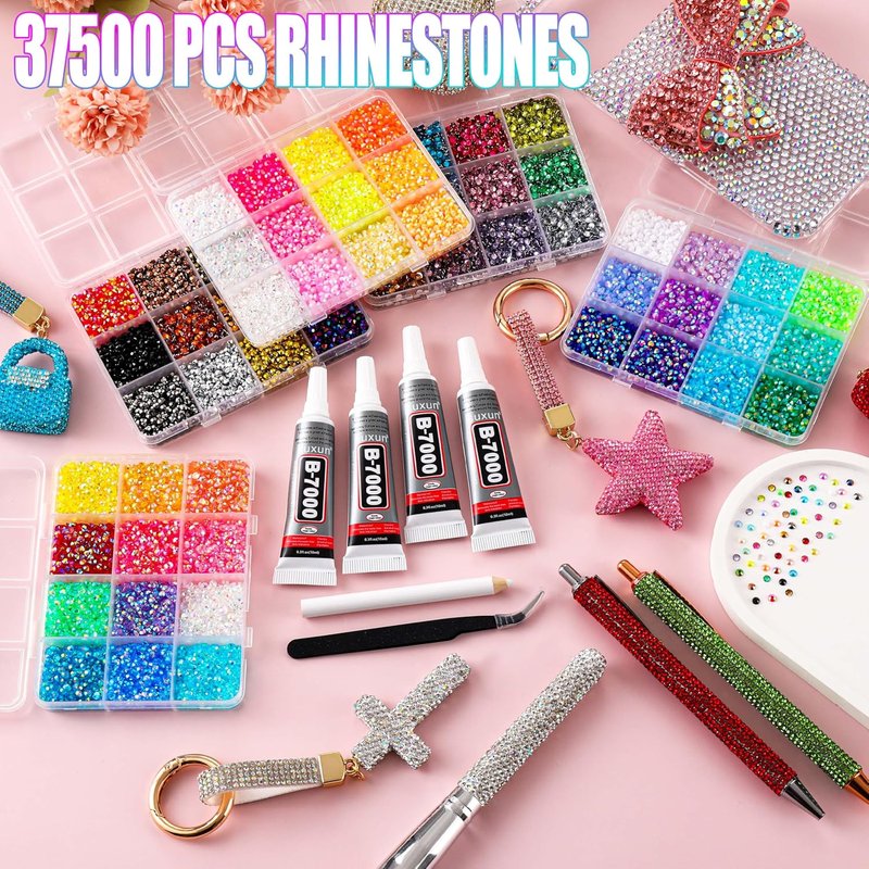 Skiennix Bedazzling Kit - 37500 Pcs 3mm Rhinestones in 60 Colors with Glue & Tools for Nail Art & Crafts