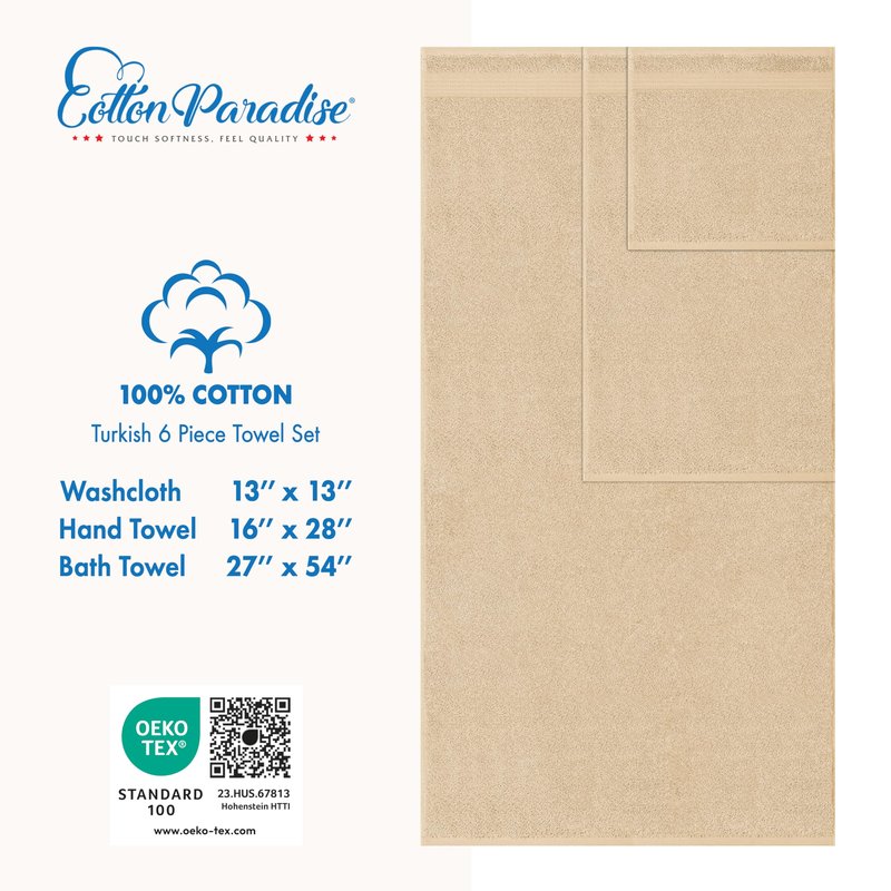 Cotton Paradise 100% Cotton Turkish Towel Set, Soft Absorbent Quick Dry, 6 Piece Towel Set, Beige
