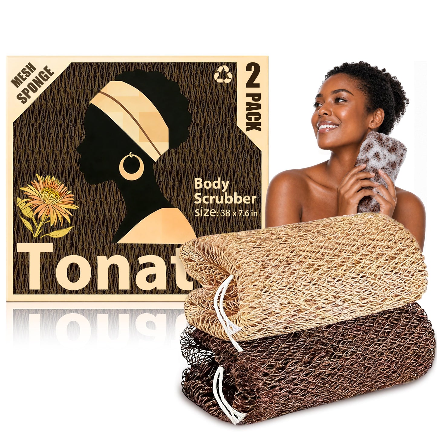 Tonater Body Scrubber 2 Pack, Authentic African Exfoliating Net Sponge Bath Shower Loofah, Up to 47.2" Stretched Nylon Scrubber for Sensitive Skin, Travel Portable Spa Gifts-Light Beige + Dark Brown