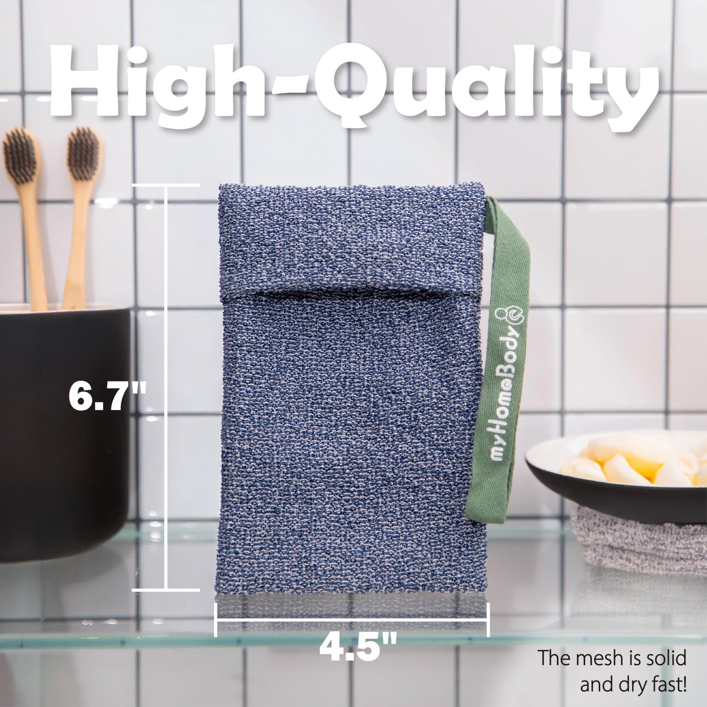 myHomeBody Soap Pocket Exfoliating Pouch, Body Scrubber Sponge, Exfoliator for Bath, Shower or Leftover Bits Saver, Dark Blue, Light Blue - 2 Pack